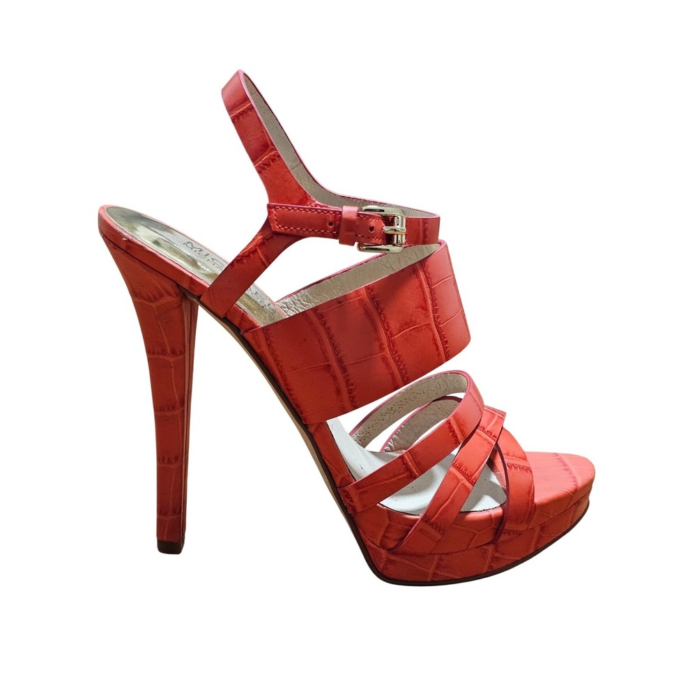 Michael Kors Nadja Platform Sandals Womens 7.5 Orange Croc Leather Strappy Heel